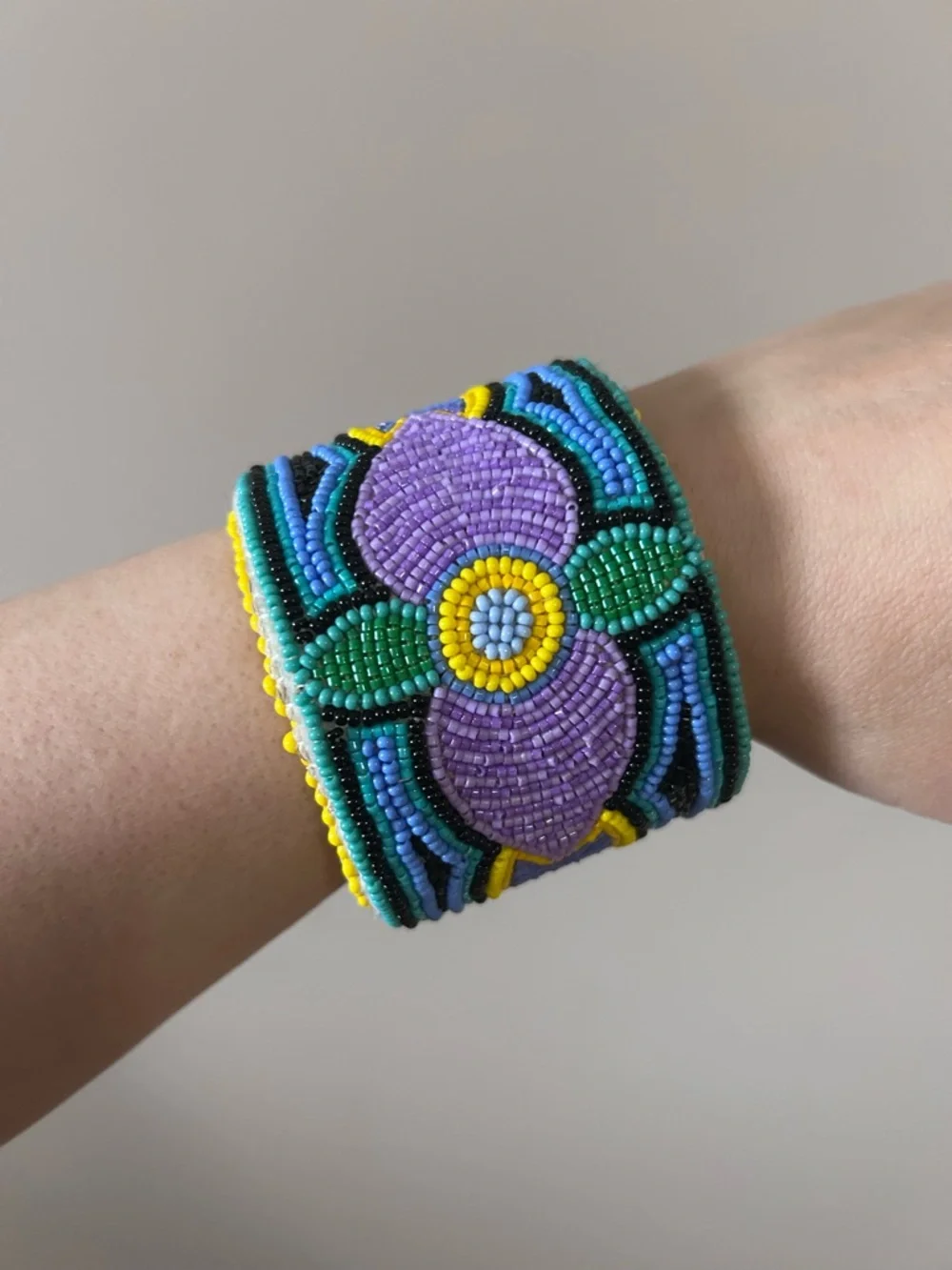 Handmade Adjustable Beaded Floral Cuff Bracelet - Purple & Yellow - Picture 2 of 9